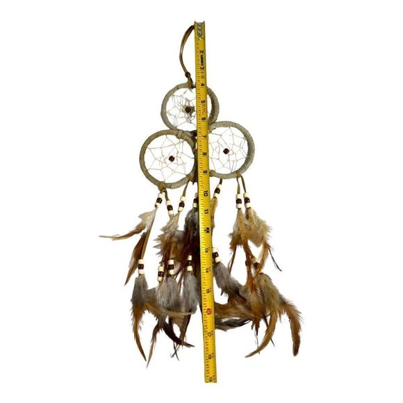 Handmade Triple Ring Dreamcatcher Feathers & Beads Southwest Genuine Vintage - Picture 6 of 7